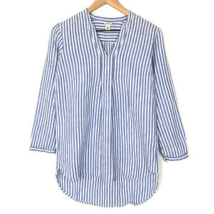 LL BEAN 100% Linen Tunic Top‎ Women's Sz XS Blue Stripe 3/4 Slv Popover Coastal